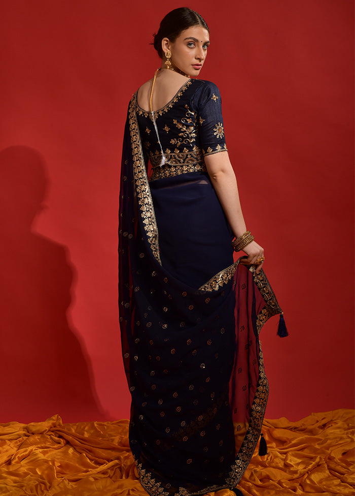 Navy Blue Georgette Saree With Blouse Piece - Indian Silk House Agencies