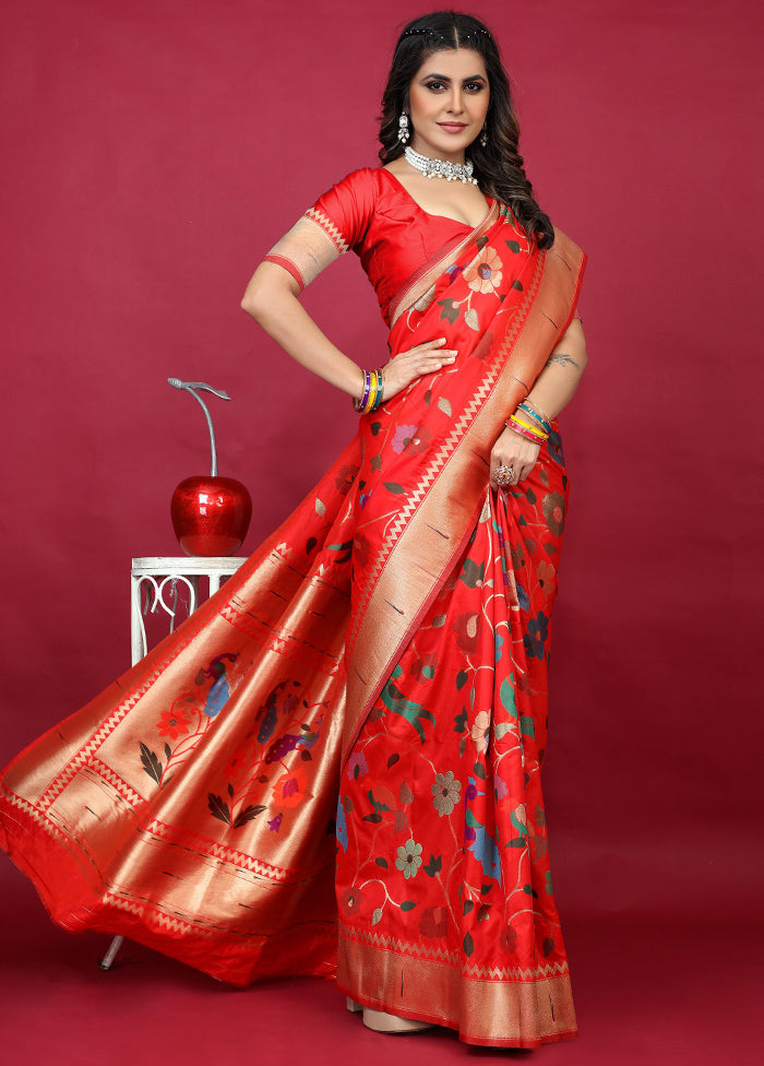 Red Dupion Silk Saree With Blouse Piece - Indian Silk House Agencies