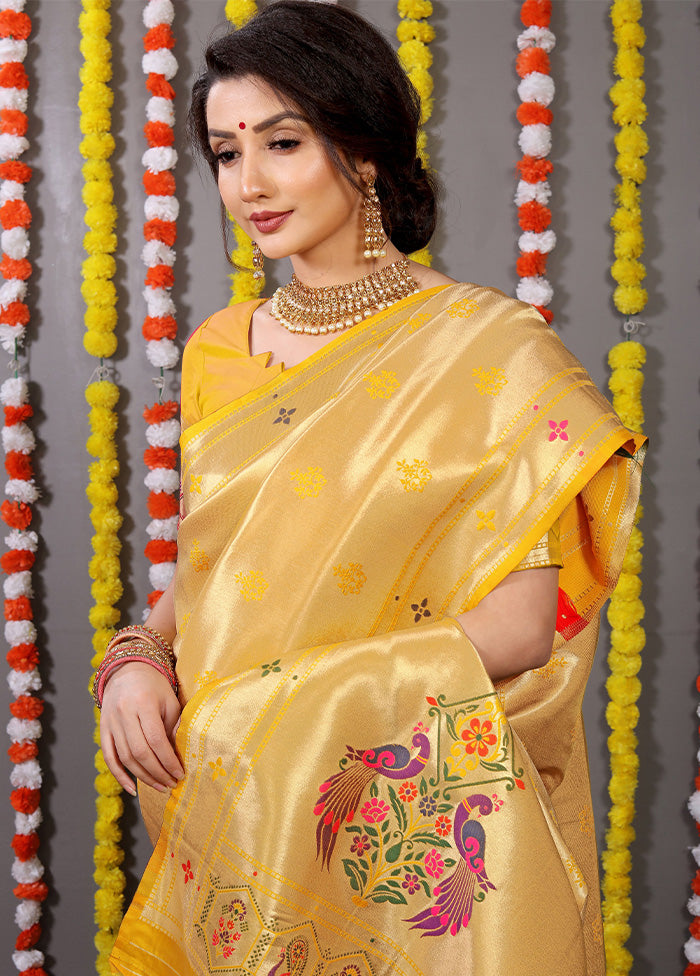 Yellow Dupion Silk Saree With Blouse Piece