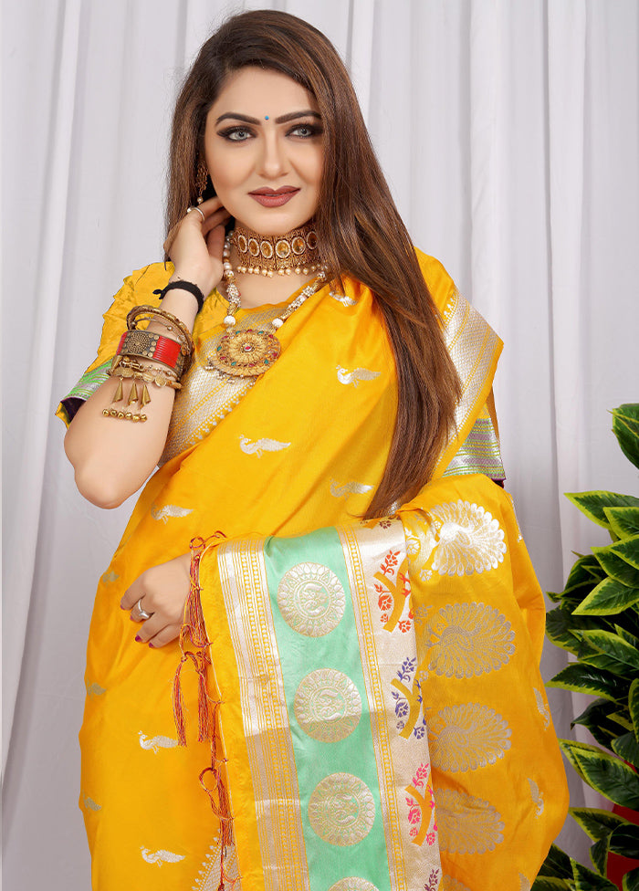 Yellow Dupion Silk Saree With Blouse Piece - Indian Silk House Agencies