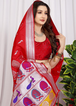 Red Dupion Silk Saree With Blouse Piece - Indian Silk House Agencies