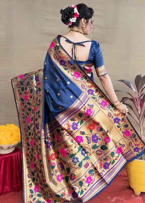 Navy Blue Dupion Silk Saree With Blouse Piece