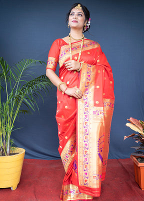 Red Dupion Silk Saree With Blouse Piece