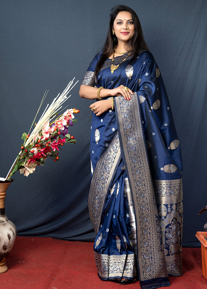 Navy Blue Dupion Silk Saree With Blouse Piece