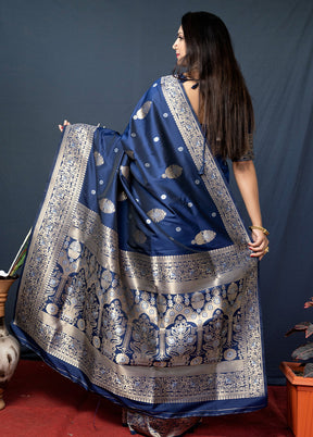 Navy Blue Dupion Silk Saree With Blouse Piece