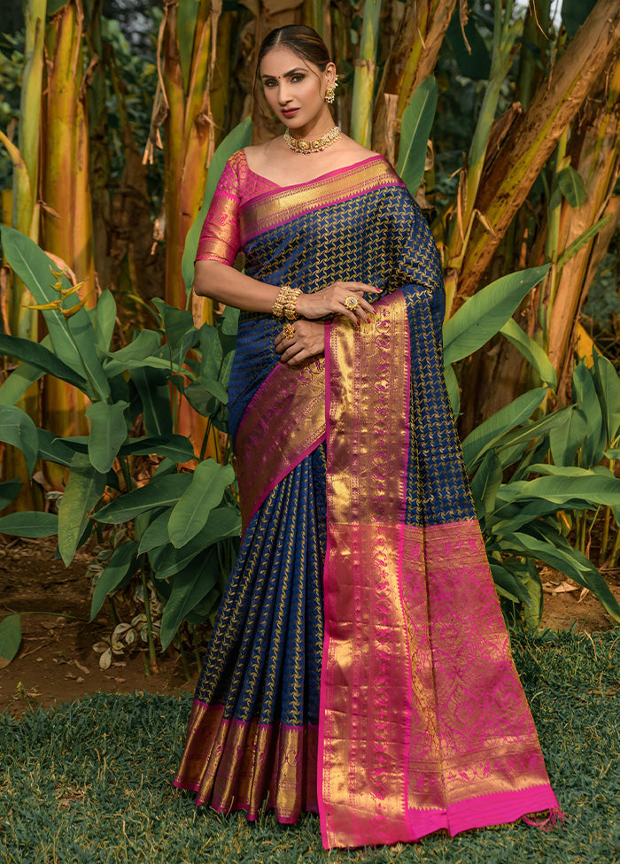 Navy Blue Kanjivaram Silk Saree With Blouse Piece