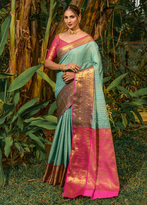 Sky Blue Kanjivaram Silk Saree With Blouse Piece