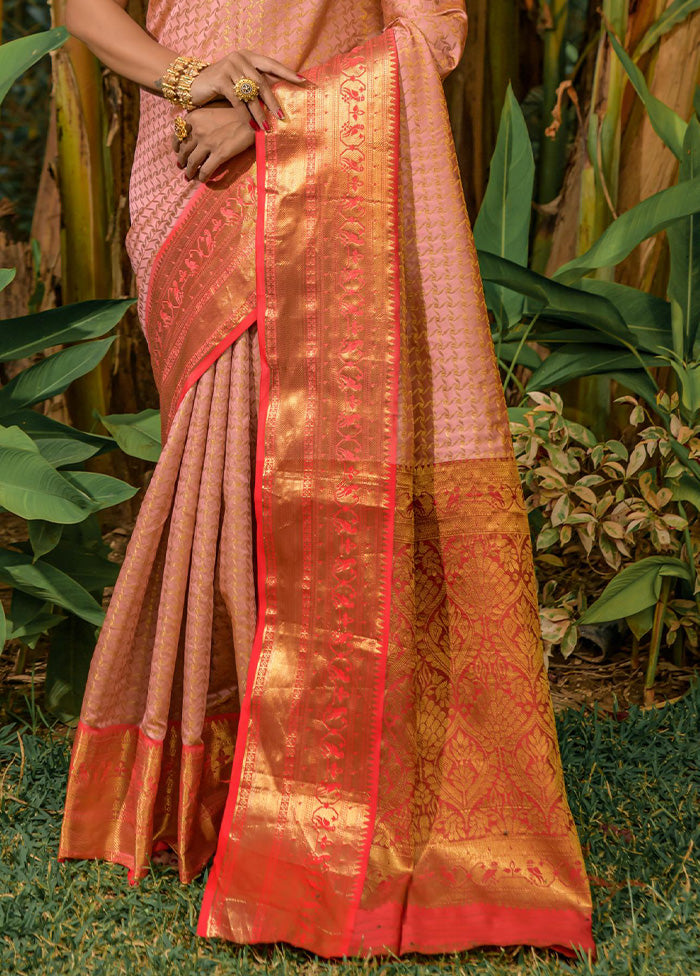 Peach Kanjivaram Silk Saree With Blouse Piece