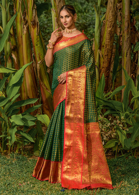 Bottle Green Kanjivaram Silk Saree With Blouse Piece