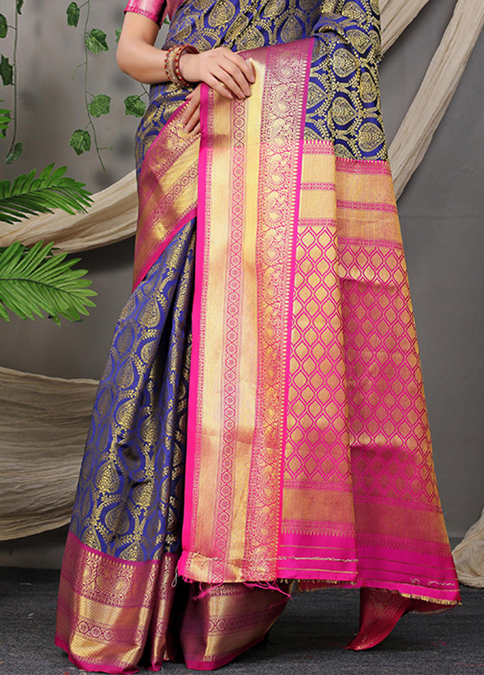 Navy Blue Kanjivaram Silk Saree With Blouse Piece