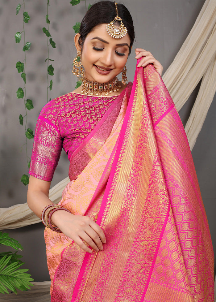 Peach Kanjivaram Silk Saree With Blouse Piece