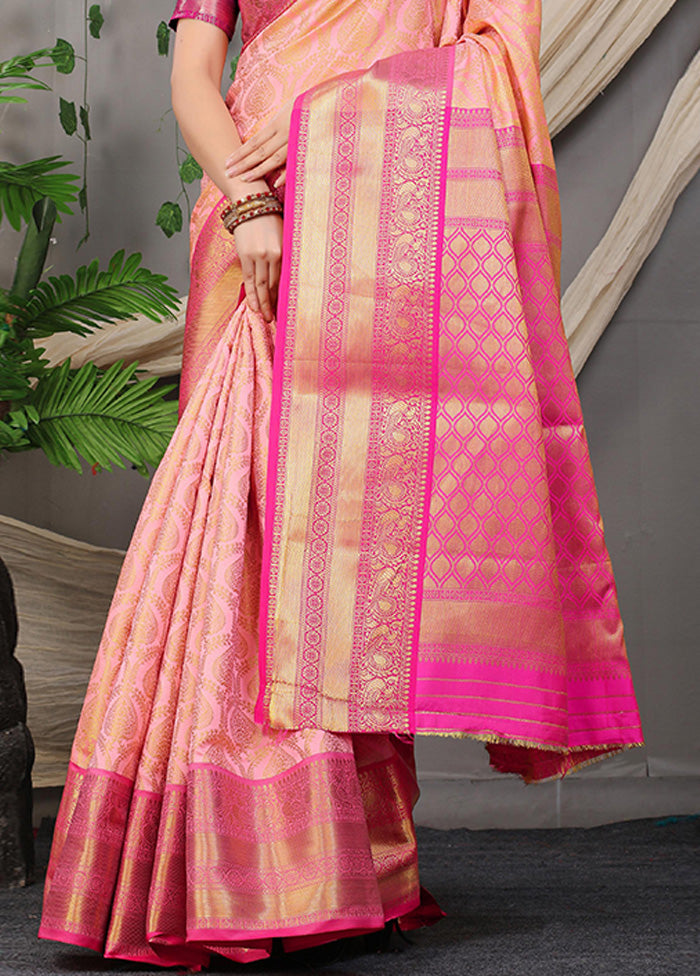 Peach Kanjivaram Silk Saree With Blouse Piece