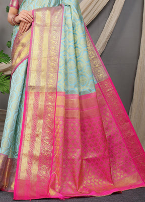 Sky Blue Kanjivaram Silk Saree With Blouse Piece