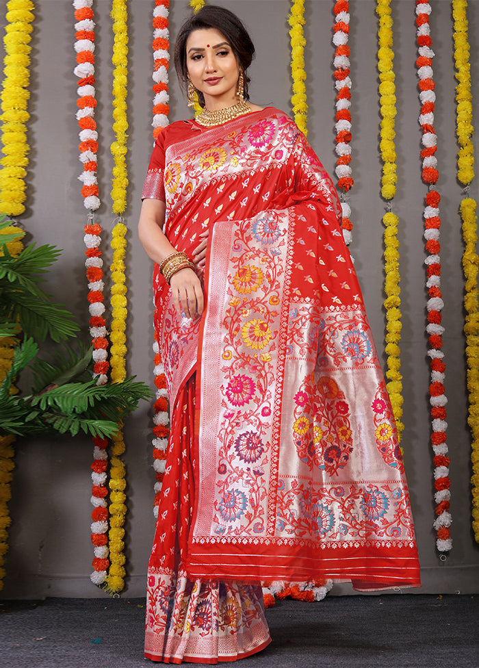 Red Banarasi Silk Saree With Blouse Piece