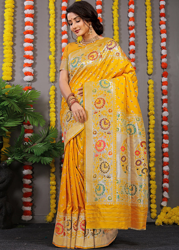 Yellow Banarasi Silk Saree With Blouse Piece