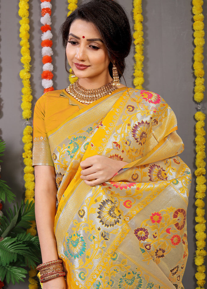 Yellow Banarasi Silk Saree With Blouse Piece