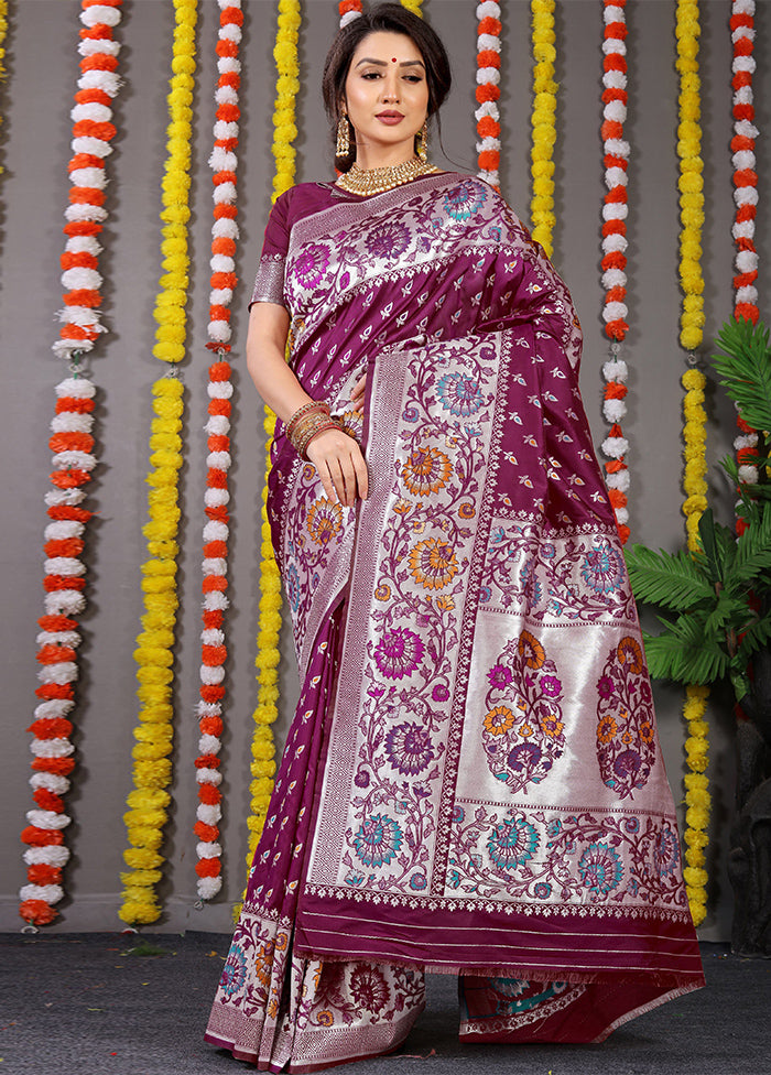 Wine Banarasi Silk Saree With Blouse Piece