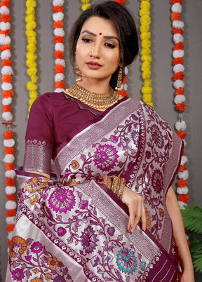 Wine Banarasi Silk Saree With Blouse Piece