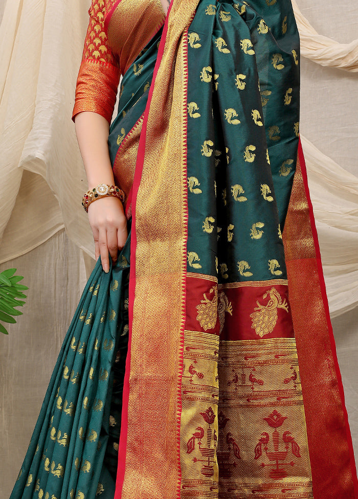 Bottle Green Banarasi Silk Saree With Blouse Piece