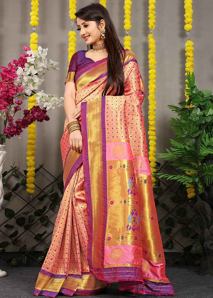 Baby Pink Banarasi Silk Saree With Blouse Piece