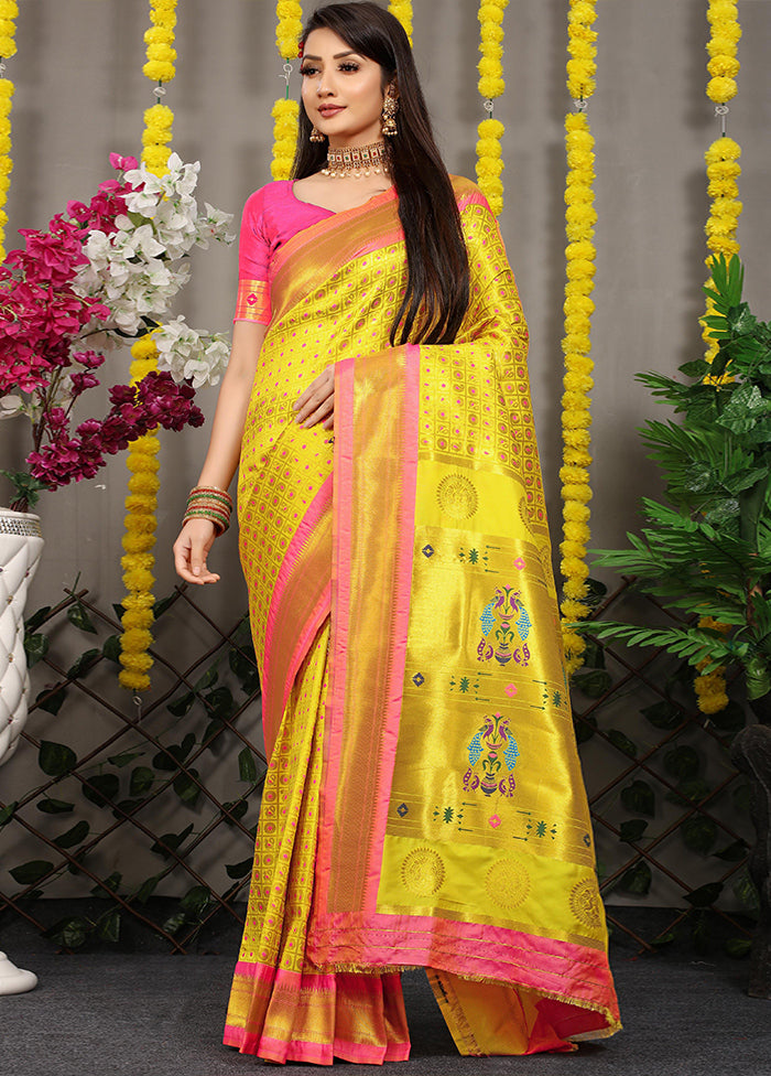 Yellow Banarasi Silk Saree With Blouse Piece