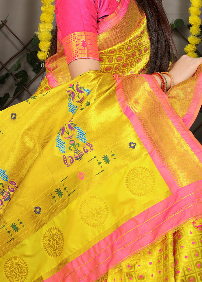 Yellow Banarasi Silk Saree With Blouse Piece