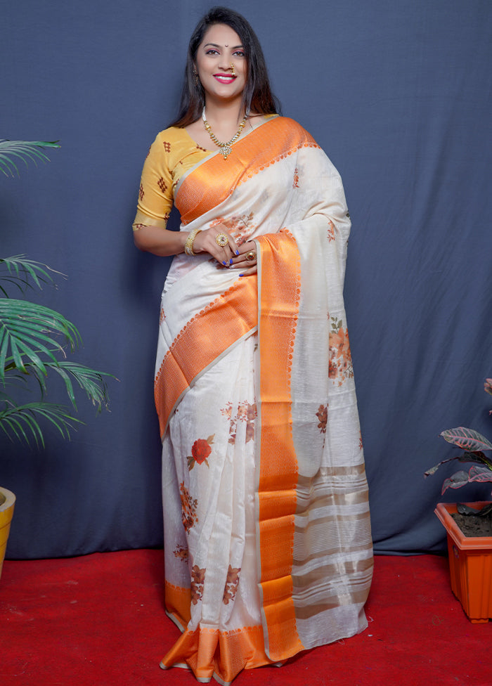 Orange Linen Silk Saree With Blouse Piece