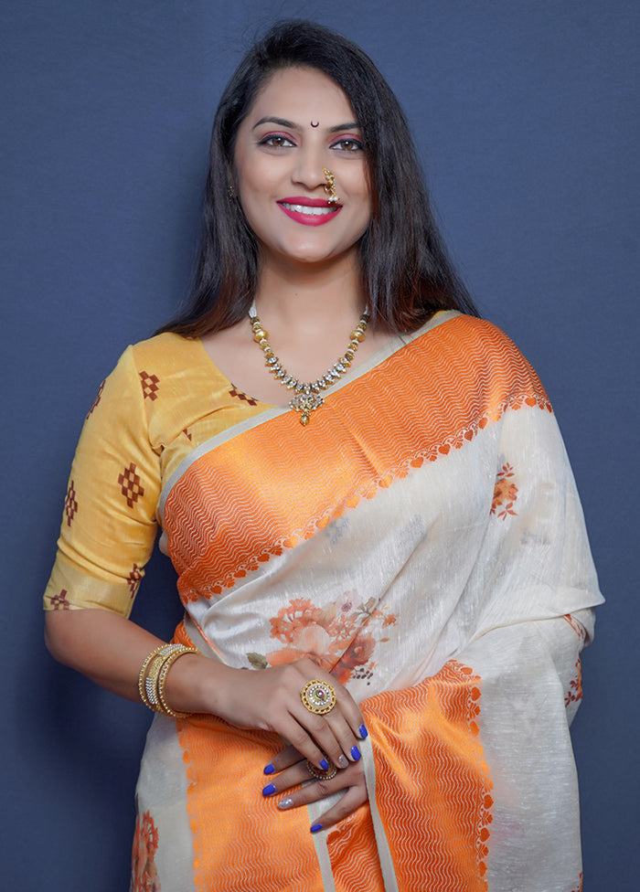 Orange Linen Silk Saree With Blouse Piece