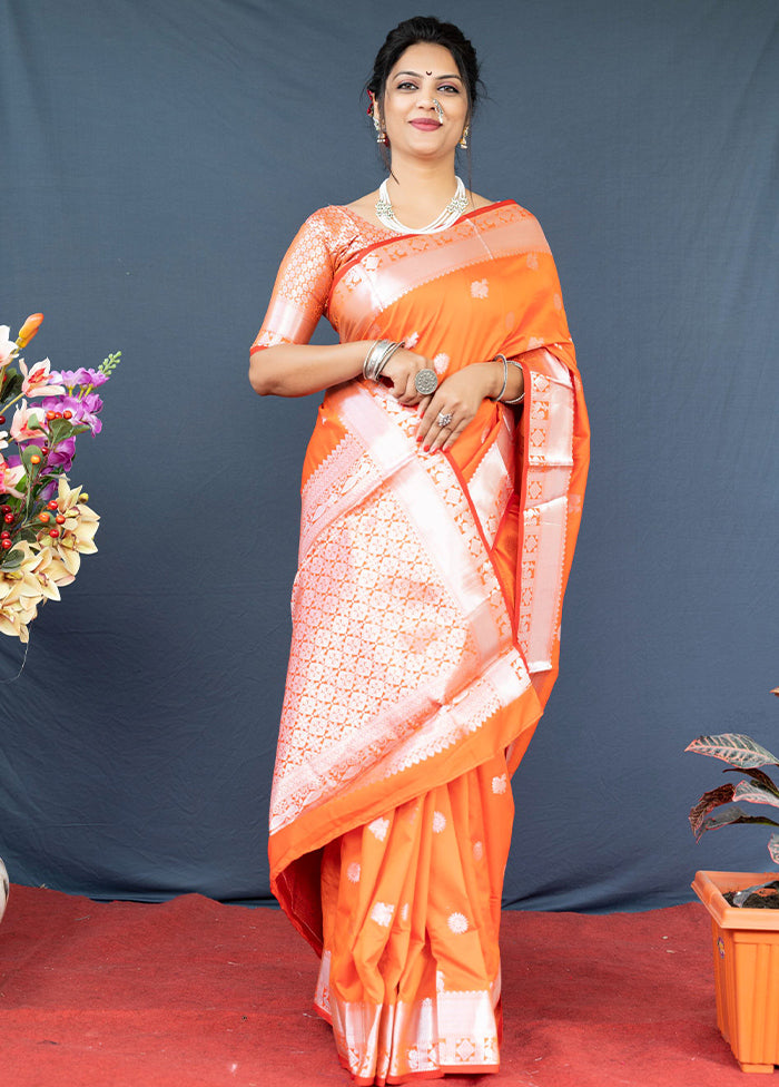 Orange Banarasi Silk Saree With Blouse Piece