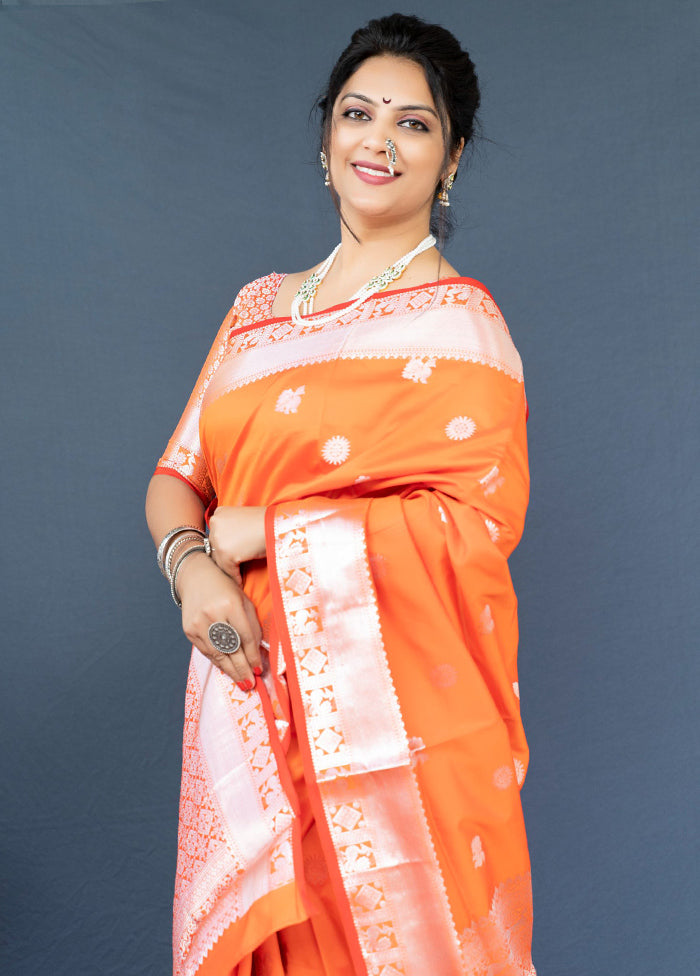 Orange Banarasi Silk Saree With Blouse Piece