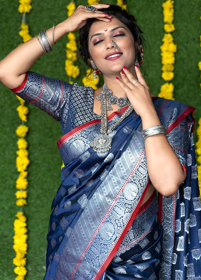 Navy Blue Dupion Silk Saree With Blouse Piece