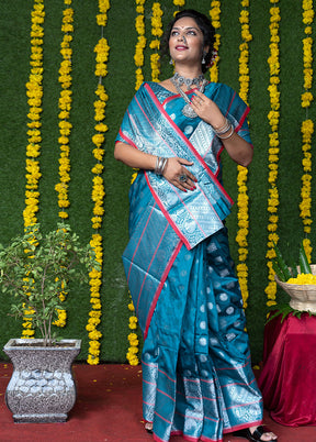 Teal Dupion Silk Saree With Blouse Piece