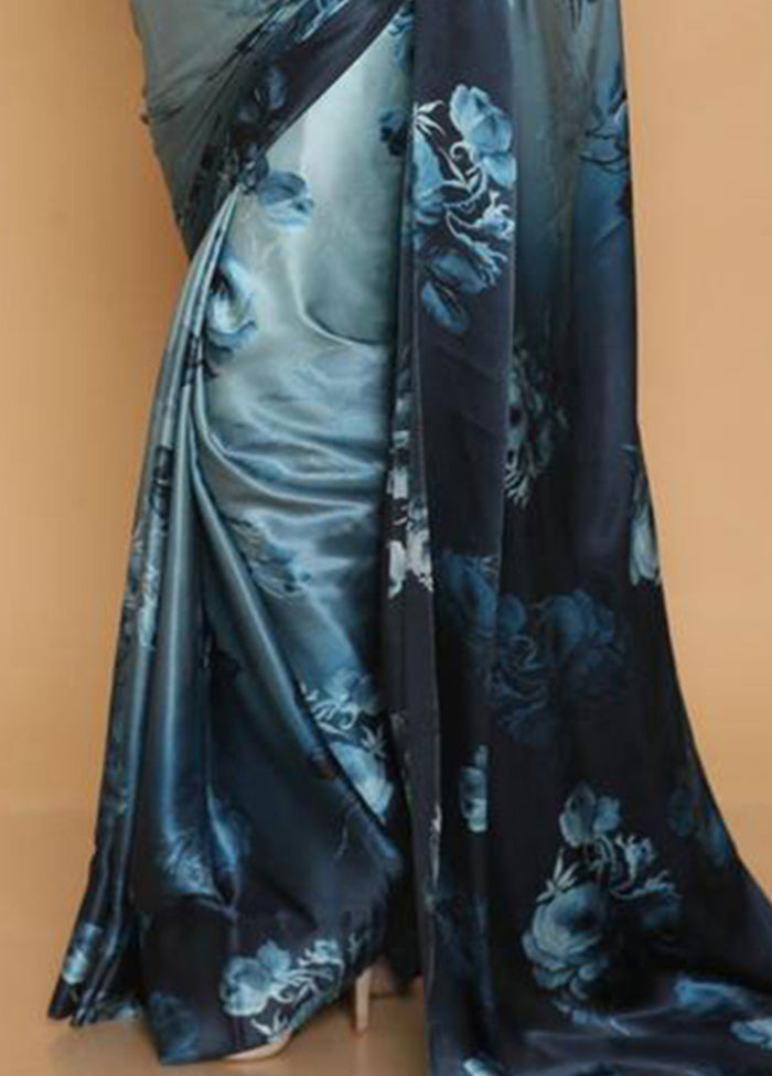 Blue Pure Satin Silk Saree With Blouse Piece - Indian Silk House Agencies