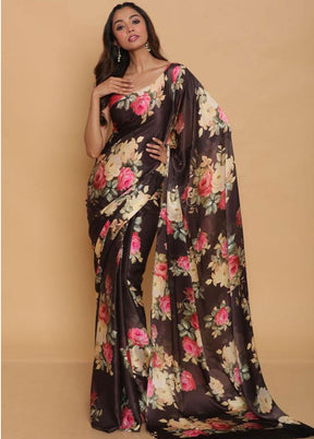 Black Pure Satin Silk Saree With Blouse Piece - Indian Silk House Agencies