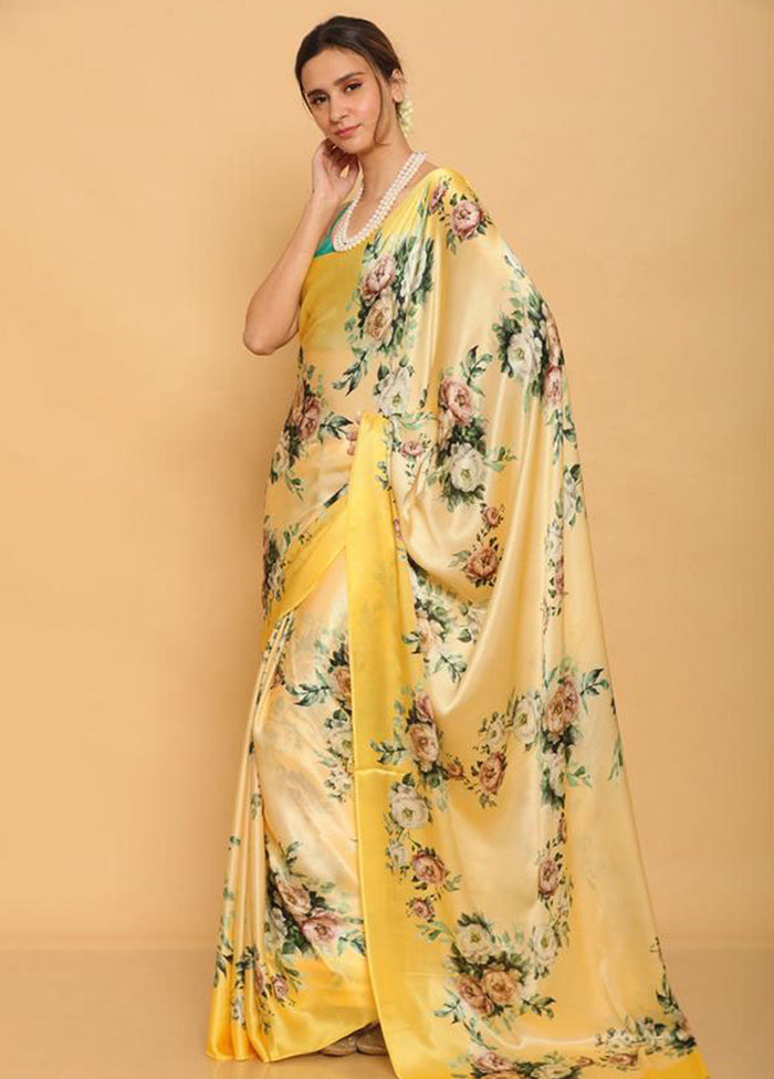 Yellow Pure Satin Silk Saree With Blouse Piece - Indian Silk House Agencies