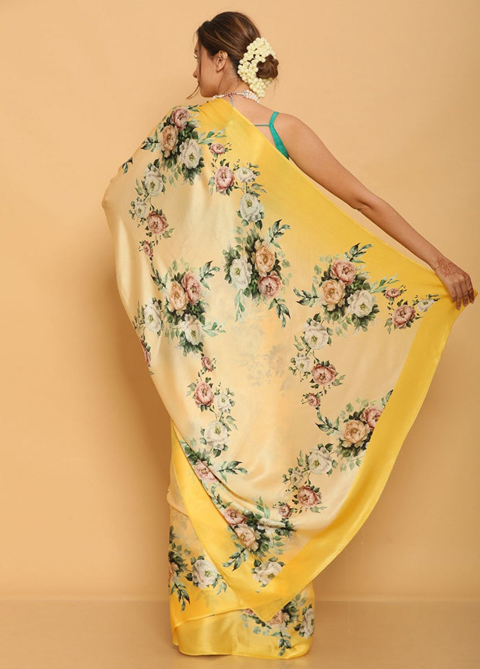 Yellow Pure Satin Silk Saree With Blouse Piece - Indian Silk House Agencies