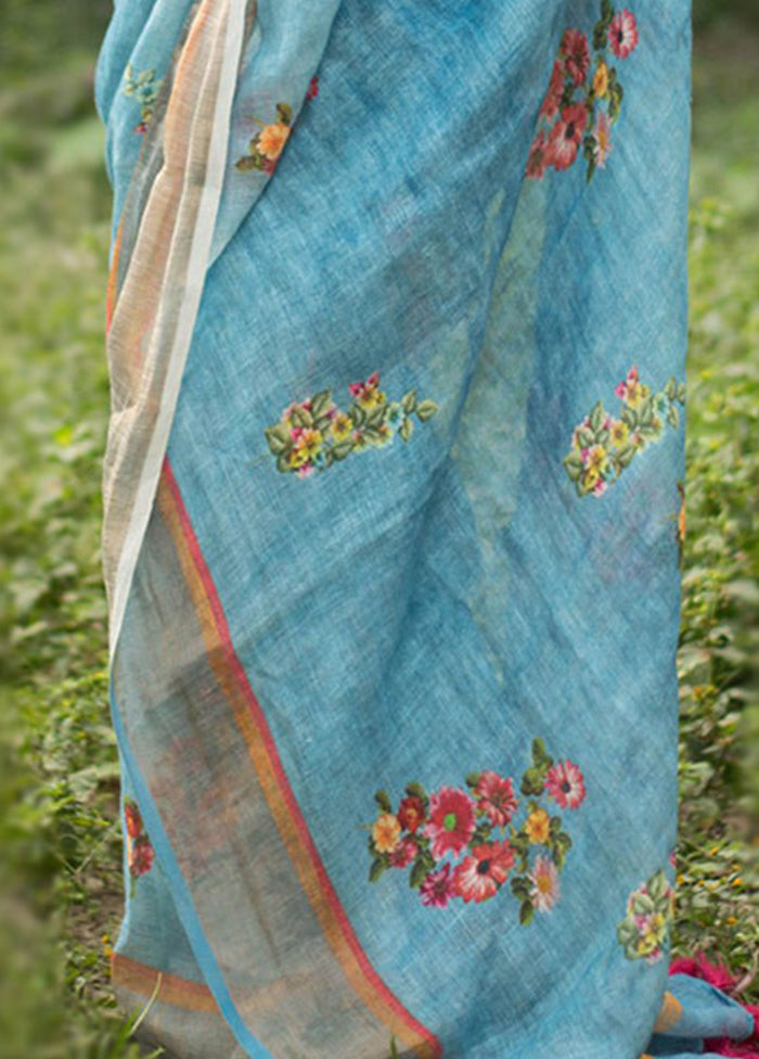 Blue Slub Cotton Saree With Blouse Piece - Indian Silk House Agencies