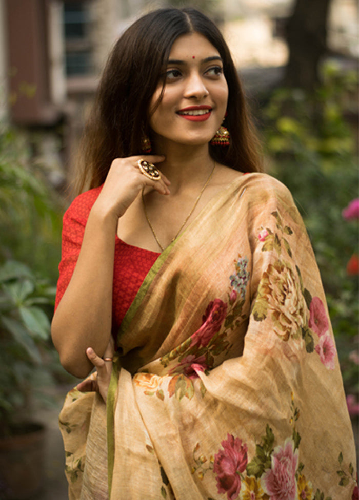 Beige Slub Cotton Saree With Blouse Piece - Indian Silk House Agencies