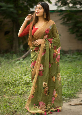 Green Slub Cotton Saree With Blouse Piece - Indian Silk House Agencies