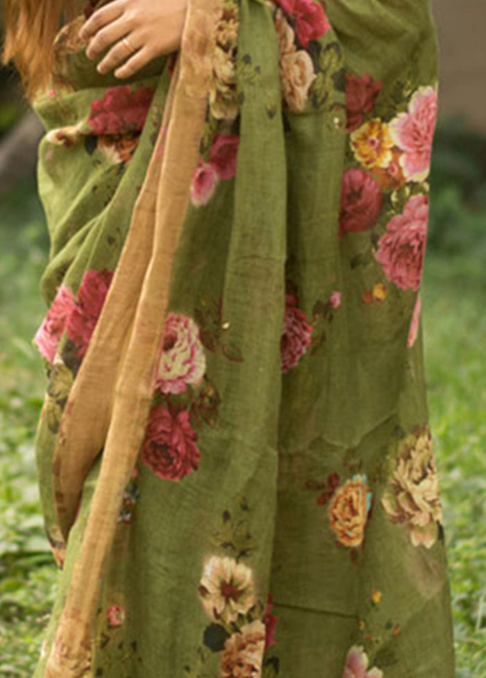 Green Slub Cotton Saree With Blouse Piece - Indian Silk House Agencies