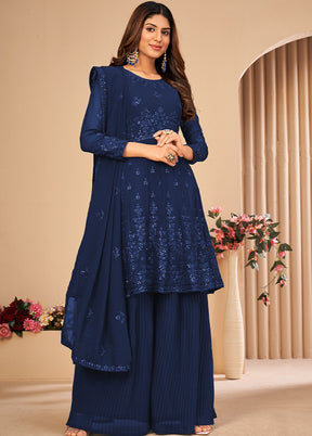 3 Pc Blue Unstitched Georgett Suit Set With Dupatta VDDIT2803247 - Indian Silk House Agencies