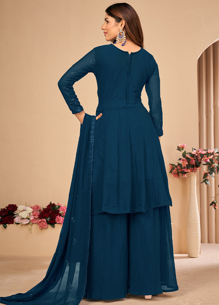 3 Pc Turquoise Unstitched Georgett Suit Set With Dupatta VDDIT2803251 - Indian Silk House Agencies
