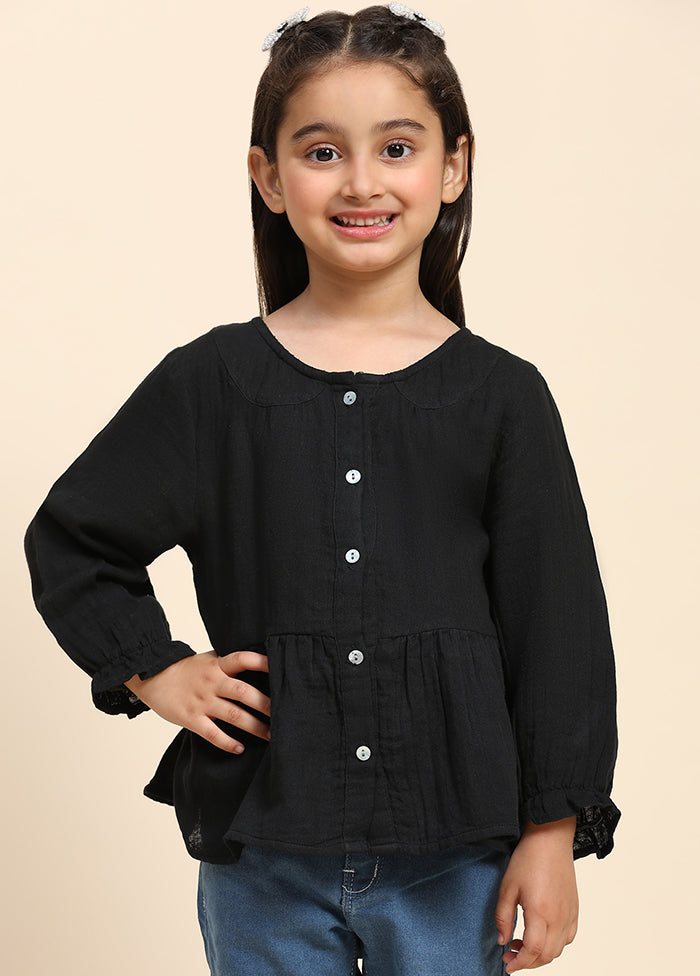 Black Cotton Three Fourth Sleeves Round Neckshape Shirt