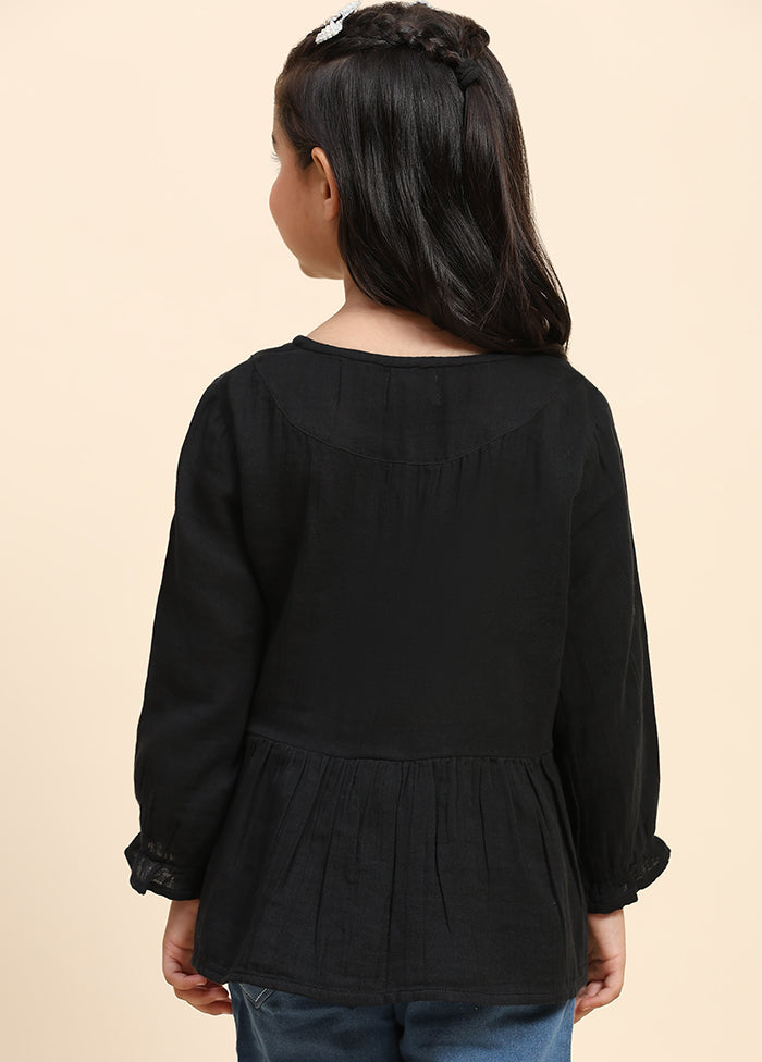 Black Cotton Three Fourth Sleeves Round Neckshape Shirt