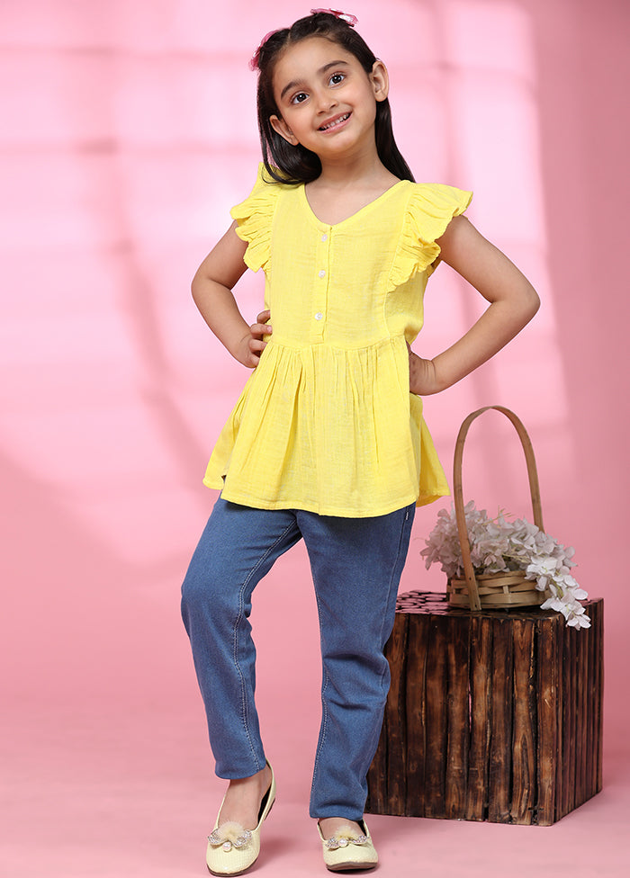 Yellow Cotton Short Sleeves V Neckshape Top