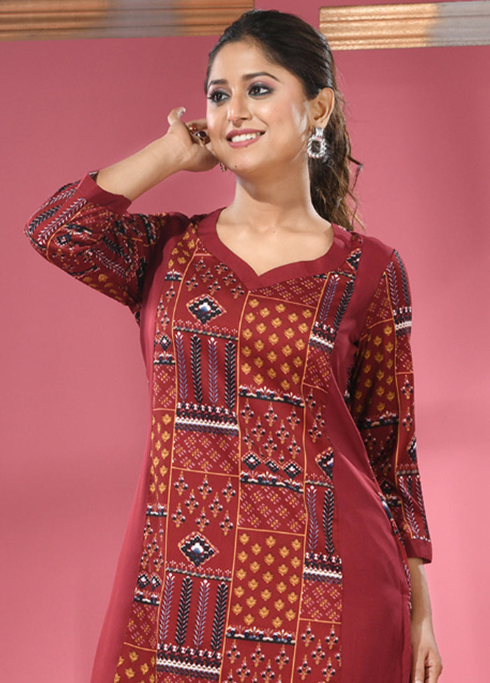 2 Pc Maroon Readymade Silk Kurti Set - Indian Silk House Agencies