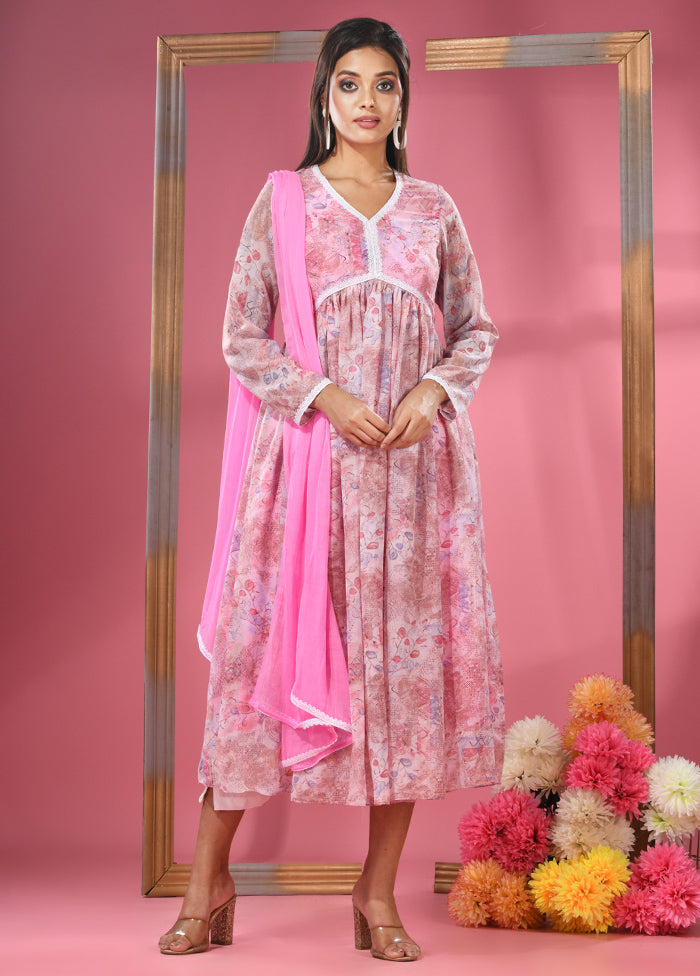 3 Pc Pink Readymade Georgette Suit Set