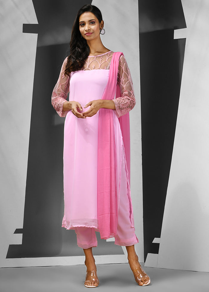 3 Pc Pink Readymade Georgette Suit Set