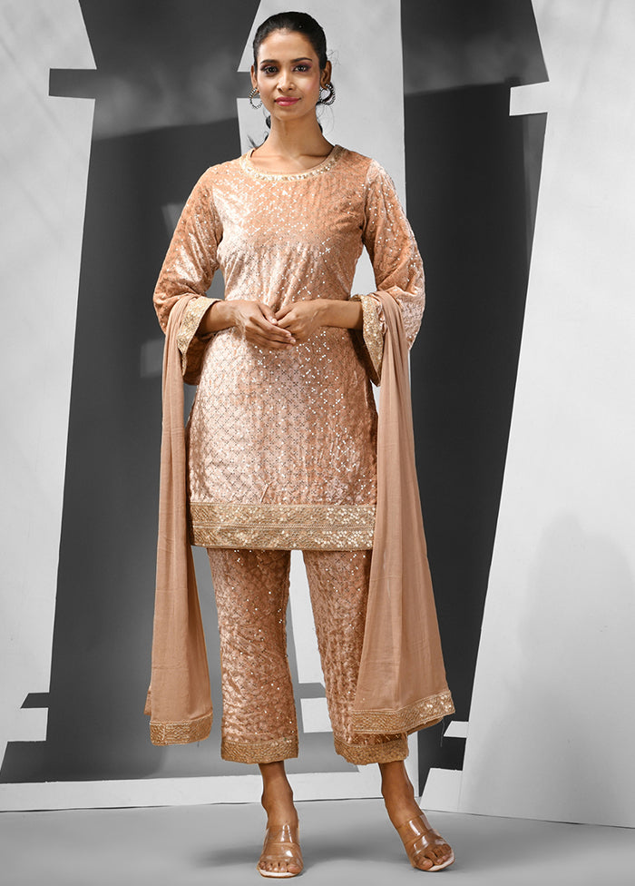3 Pc Beige Readymade Velvet Suit Set - Indian Silk House Agencies