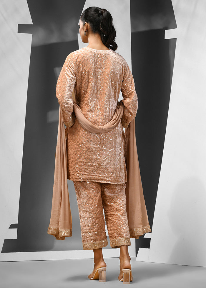 3 Pc Beige Readymade Velvet Suit Set - Indian Silk House Agencies
